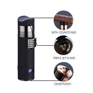 Cigar holder Windproof Refillable Butane Triple Jet Flame Torch Fire OEM Cigar Lighter and Punch