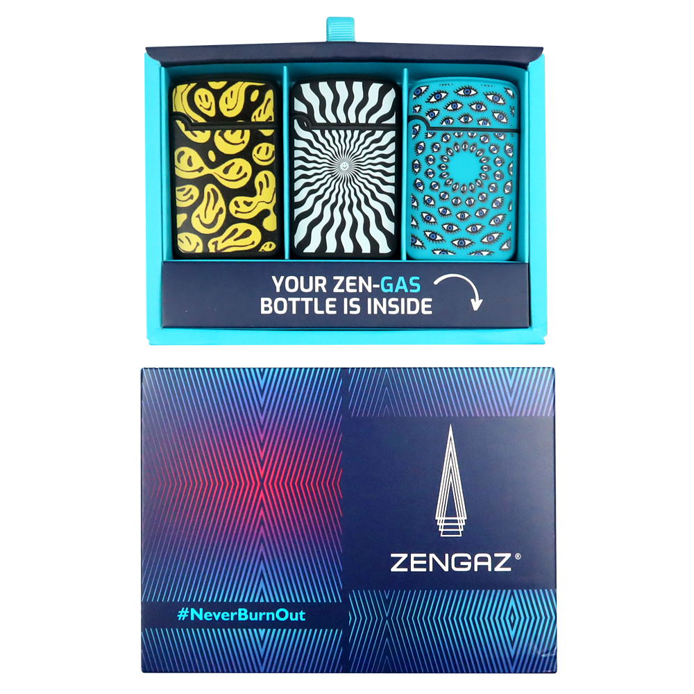 ZENGAZ 3-Pack Promo Gift Pack Refillable Windproof Butane Jet Lighters With FREE Gas Bottle Refill 18ml