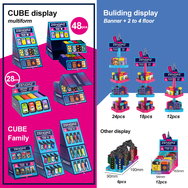 ZENGAZ CUBE Display 48pcs Latest Design Slim Mini Refillable Cigarette Torch Lighter with Rack