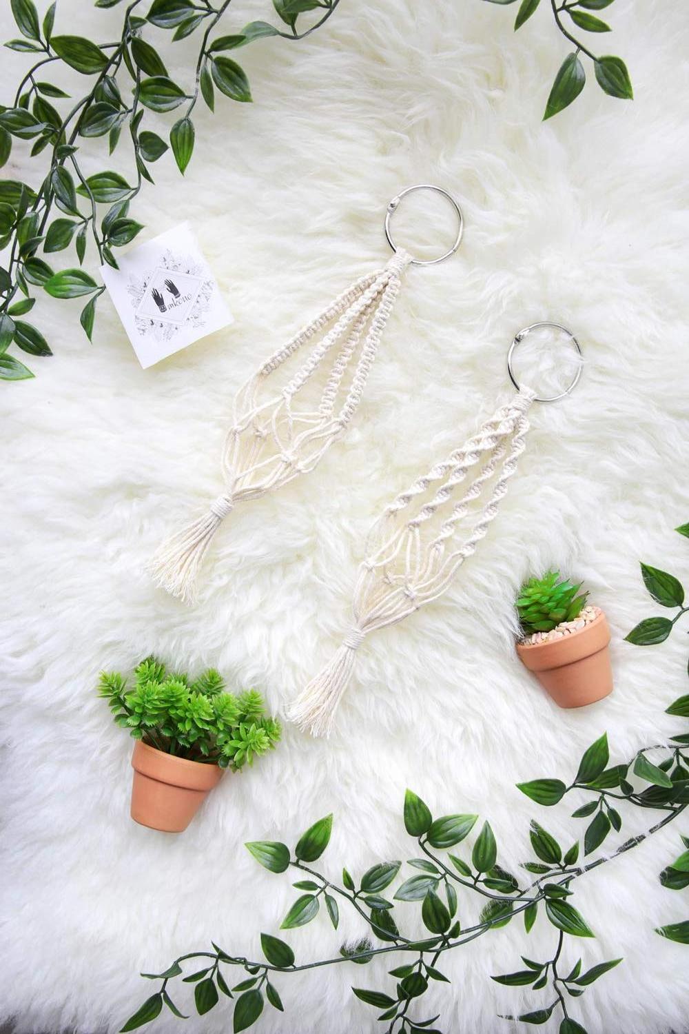 Mini Macrame Plant Hanger Accessories Rear View Mirror Boho Car Decor Hanger with Artificial Succulent Plants Gifts