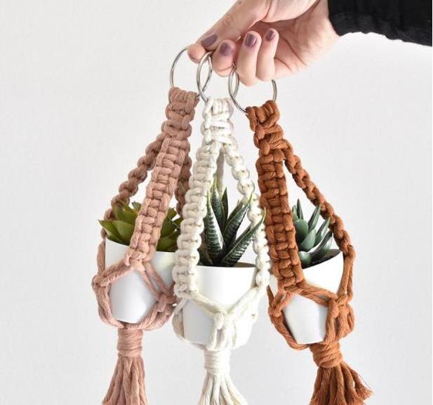 Mini Macrame Plant Hanger Accessories Rear View Mirror Boho Car Decor Hanger with Artificial Succulent Plants Gifts