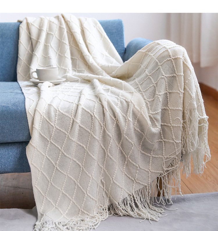 Wholesale Bed Throw Blanket Knit Plaid Blanket With Macrame Tassels Home Decoration Cozy Bohemian Blanket Throw Couch Chair