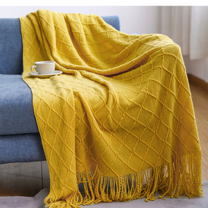 Wholesale Bed Throw Blanket Knit Plaid Blanket With Macrame Tassels Home Decoration Cozy Bohemian Blanket Throw Couch Chair