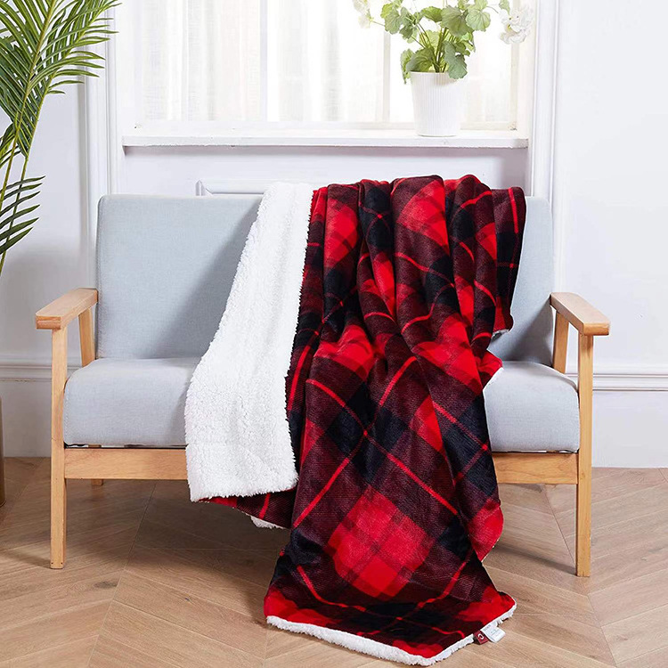 Wholesale wool blankets plaid blanket red white fluffy flannel sherpa fleece throw blanket