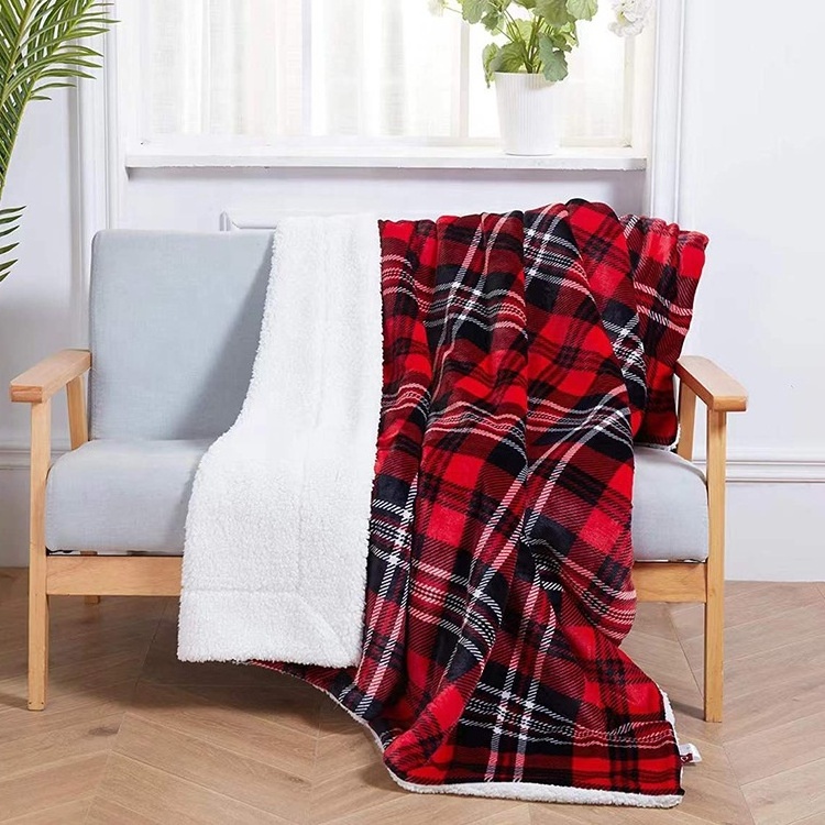 Wholesale wool blankets plaid blanket red white fluffy flannel sherpa fleece throw blanket