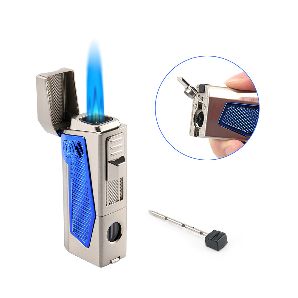 Custom logo Four Straight Jet Flame Refillable Butane Torch Lighter with Cigar Punch