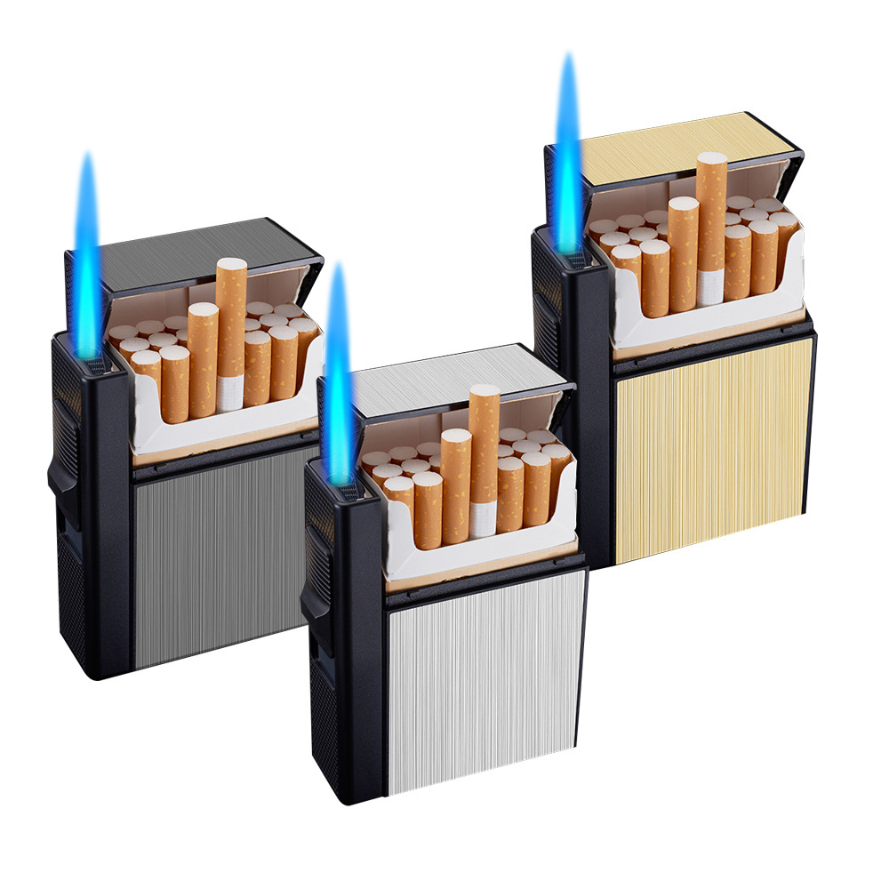 Straight Blue Flame Customizable Metal Cigarette Box 20pcs Capacity Cigarette case with lighter