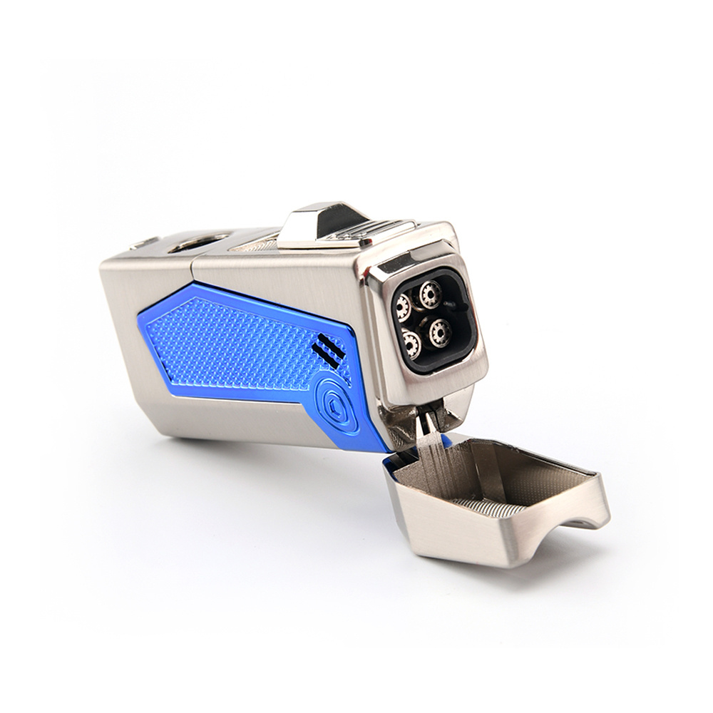 Custom logo Four Straight Jet Flame Refillable Butane Torch Lighter with Cigar Punch