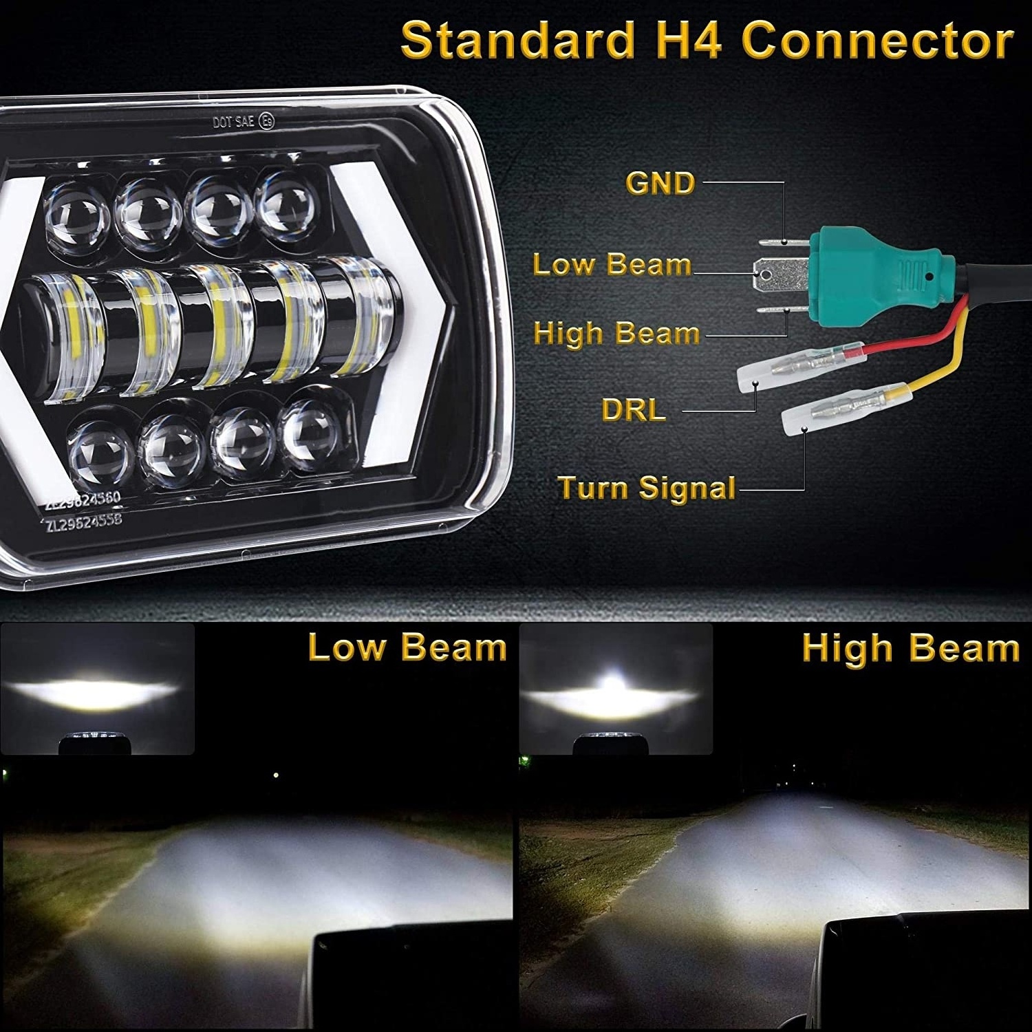 45W Square LED Headlamp with Arrow Angel Eyes DRL Turn Signal Light 5X7 inch Halo LED Headlights