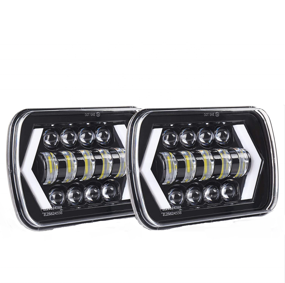 45W Square LED Headlamp with Arrow Angel Eyes DRL Turn Signal Light 5X7 inch Halo LED Headlights