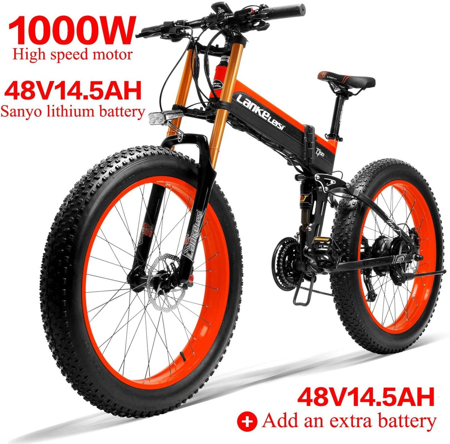 T750Plus Snow Bike 1000W Folding Electric Sand Bike, 48V High Performance Li-ion Battery,5 Level Pedal Assist Sensor Fat Bike