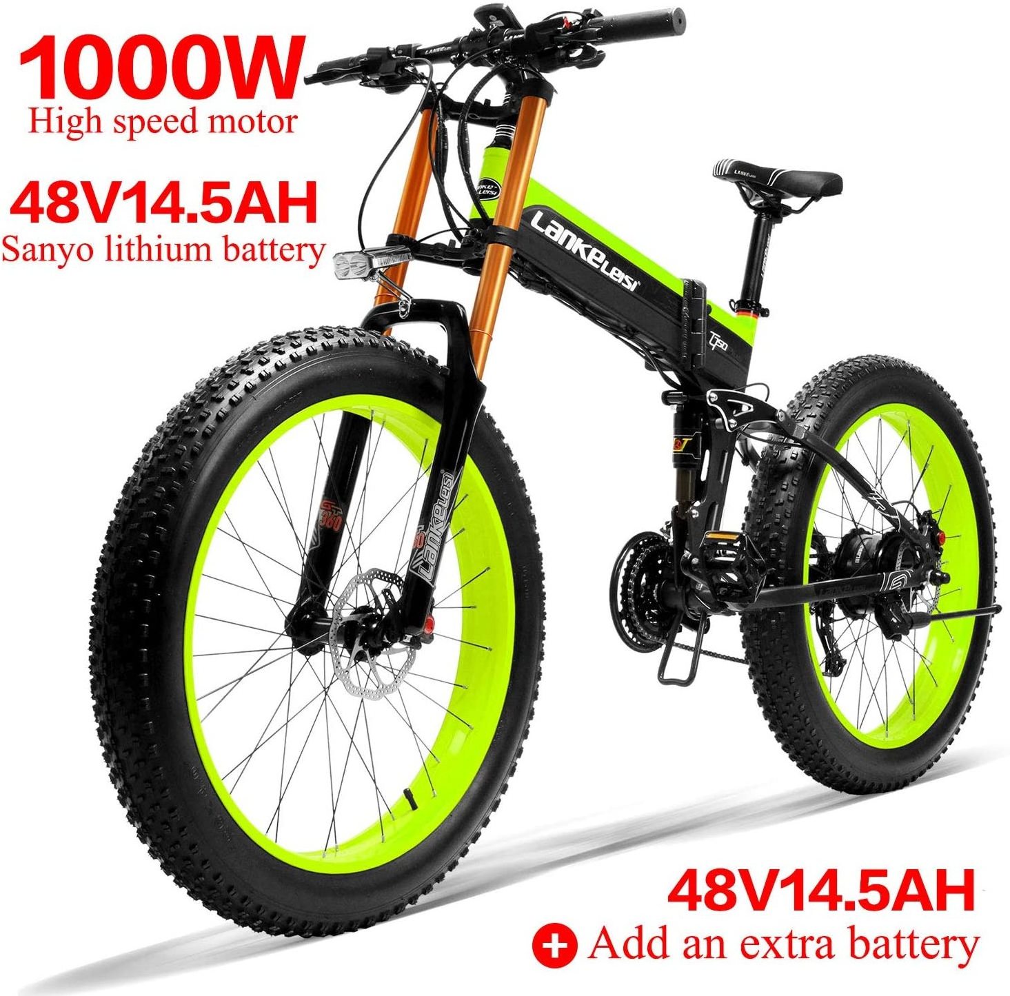 T750Plus Snow Bike 1000W Folding Electric Sand Bike, 48V High Performance Li-ion Battery,5 Level Pedal Assist Sensor Fat Bike