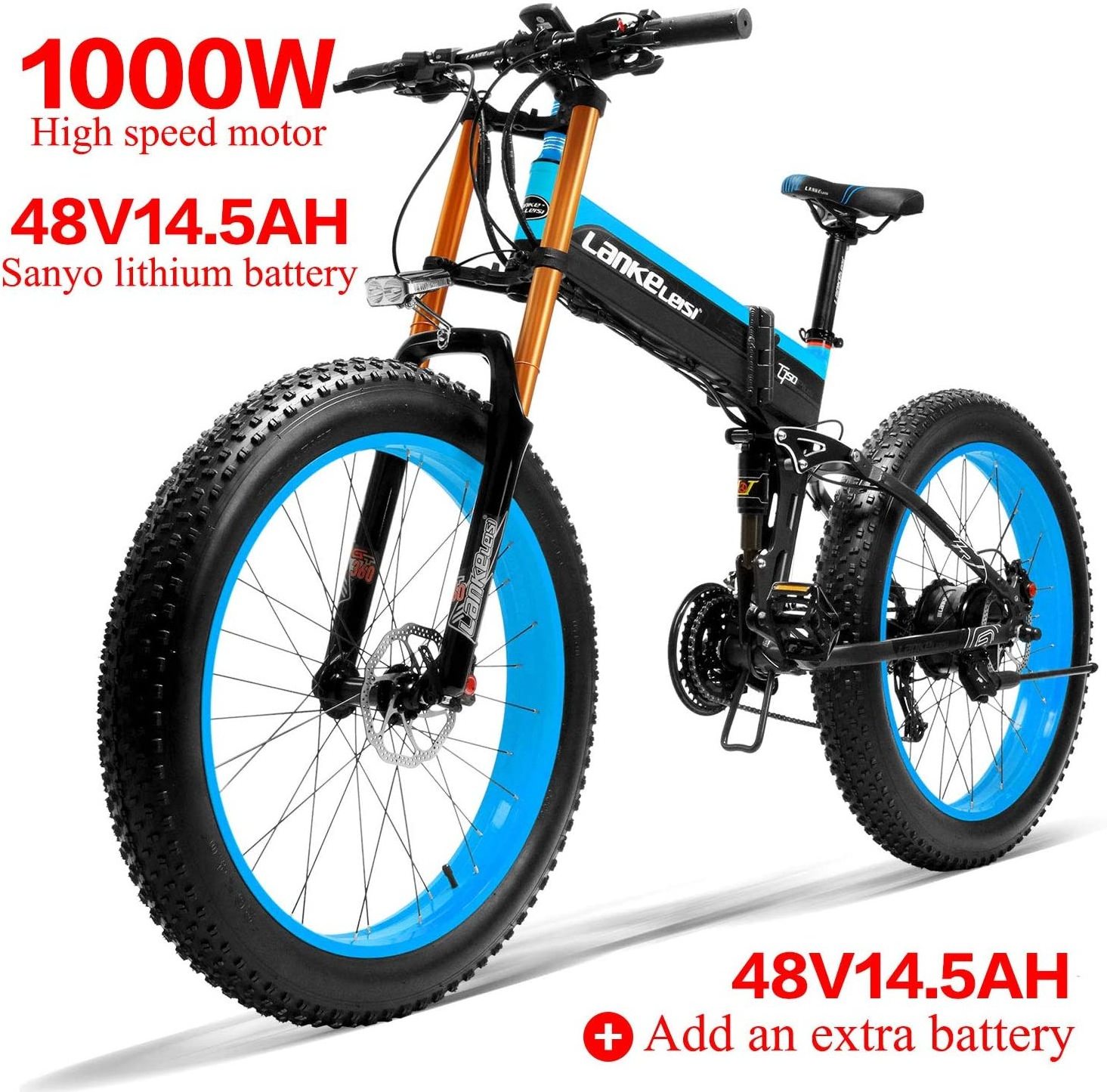 T750Plus Snow Bike 1000W Folding Electric Sand Bike, 48V High Performance Li-ion Battery,5 Level Pedal Assist Sensor Fat Bike