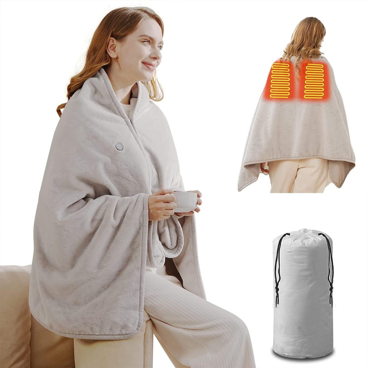 USB Heated Blanket, Portable Cordless Wearable Heated Shawl Throw Blanket, Battery Operated Heated Blanket