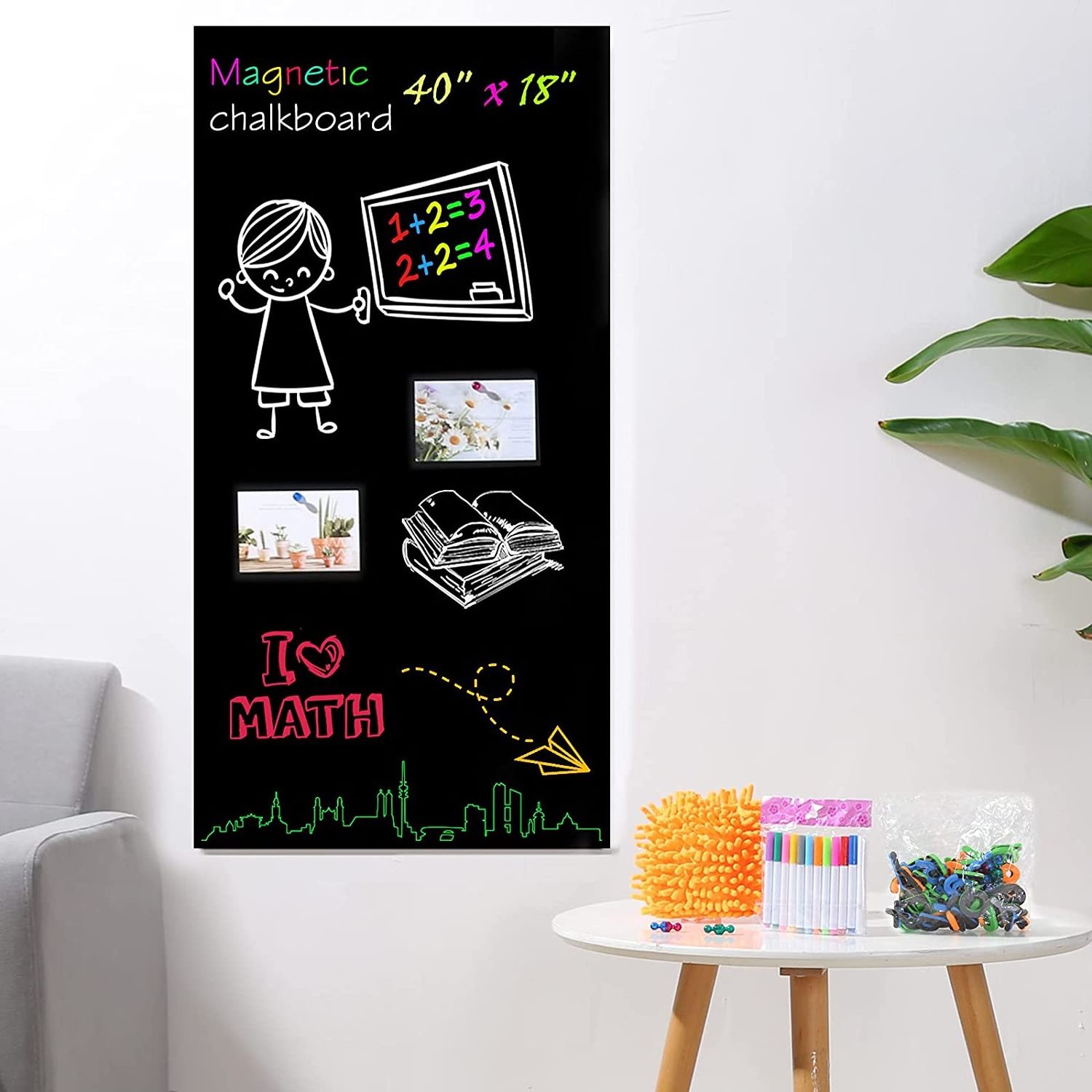 Magnetic Chalkboard Contact Paper for Wall 94 x 48 inch Non-Adhesive Back Chalkboard Wallpaper, Blackboard Wall Sticker with C