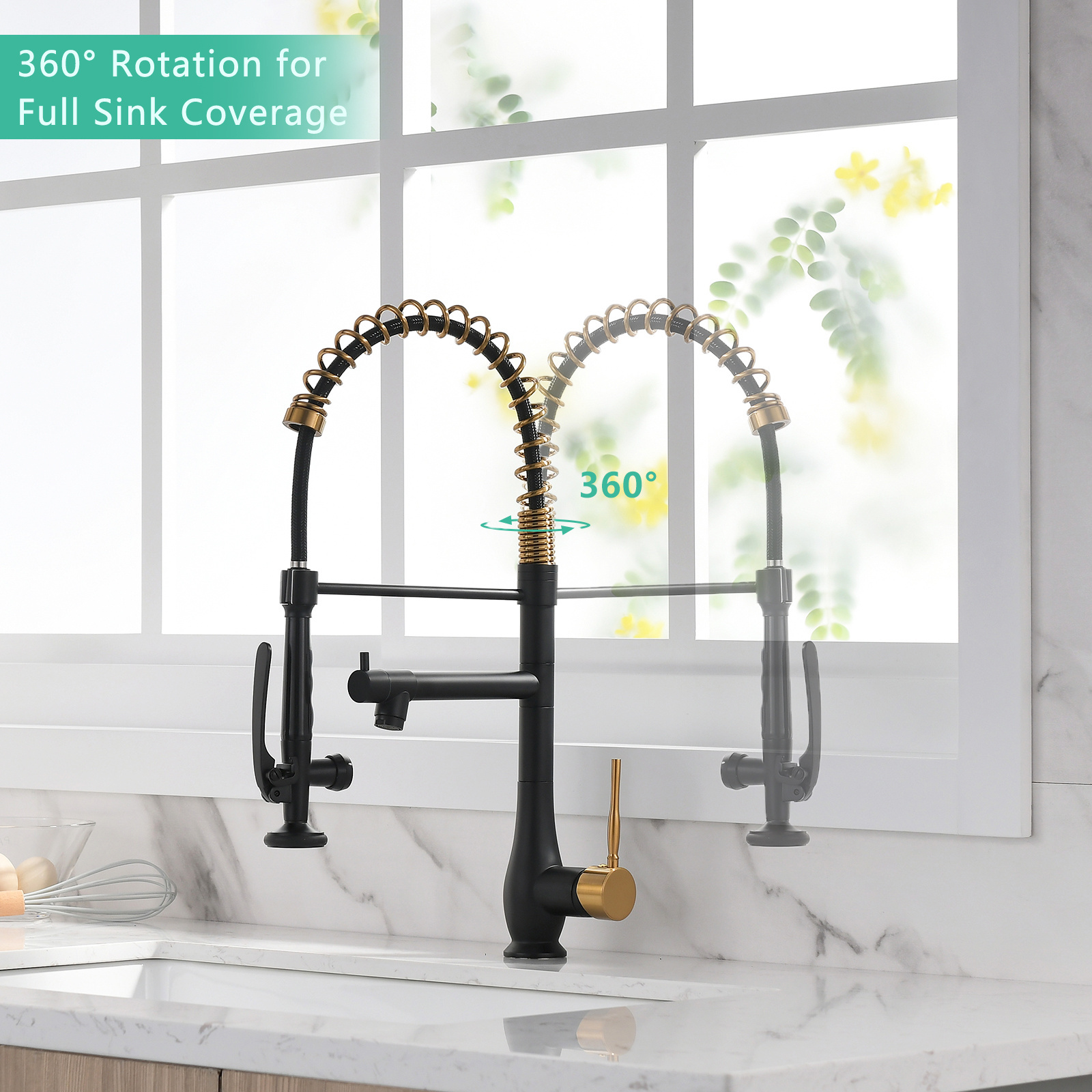 FLG Water Kitchen Faucet with Pull Down Sprayer Gold FLG Commercial Double-headed Stainless Steel Single Handle High Pressure Bl