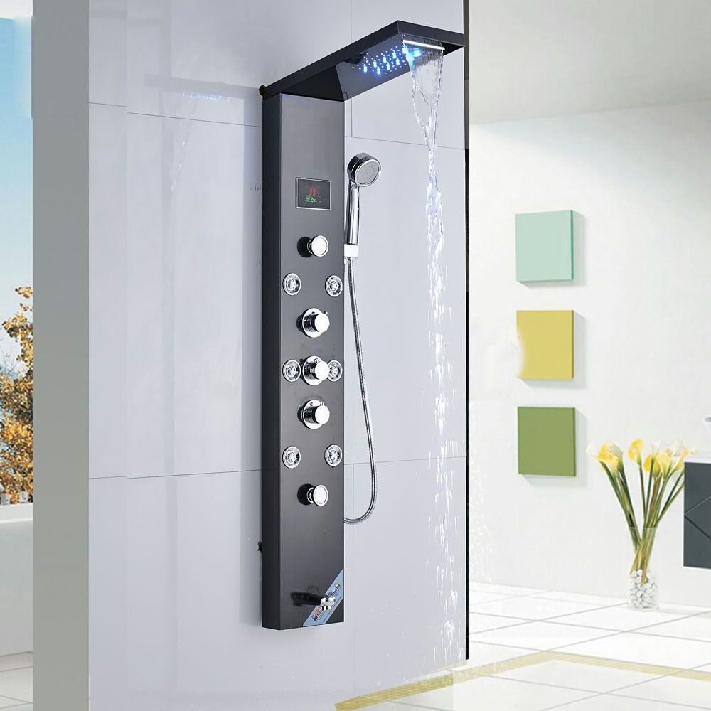 FLG Multifunction Rainfall Wall Mounted Shower Panel with LED High Quality Thermostatic Stainless Steel Contemporary