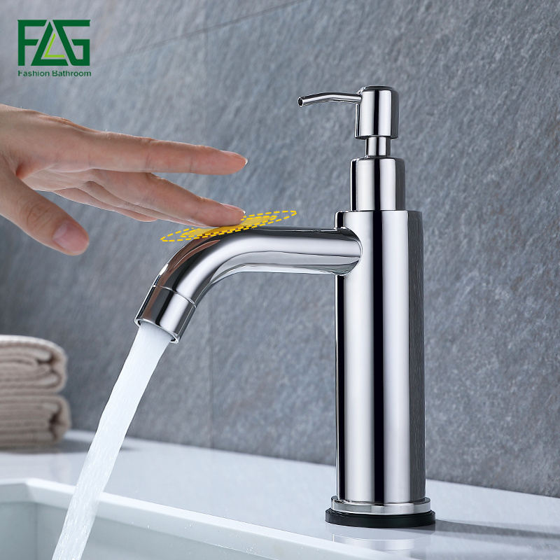 High quality new style single hole artistic mirror finishing silver kitchen sink touch faucets with soap dispenser