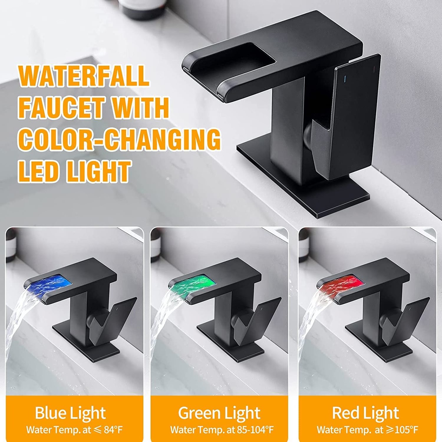 FLG LED Solid Brass Waterfall Black Single Hole Bathroom Sink Faucet 3 Colors Light Changing Single Handle Vanity Faucets