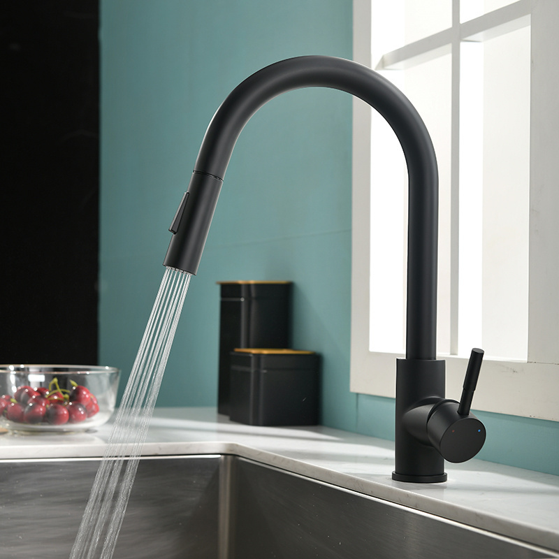 FLG Modern stainless steel black pullout water mode adjustable kitchen faucet