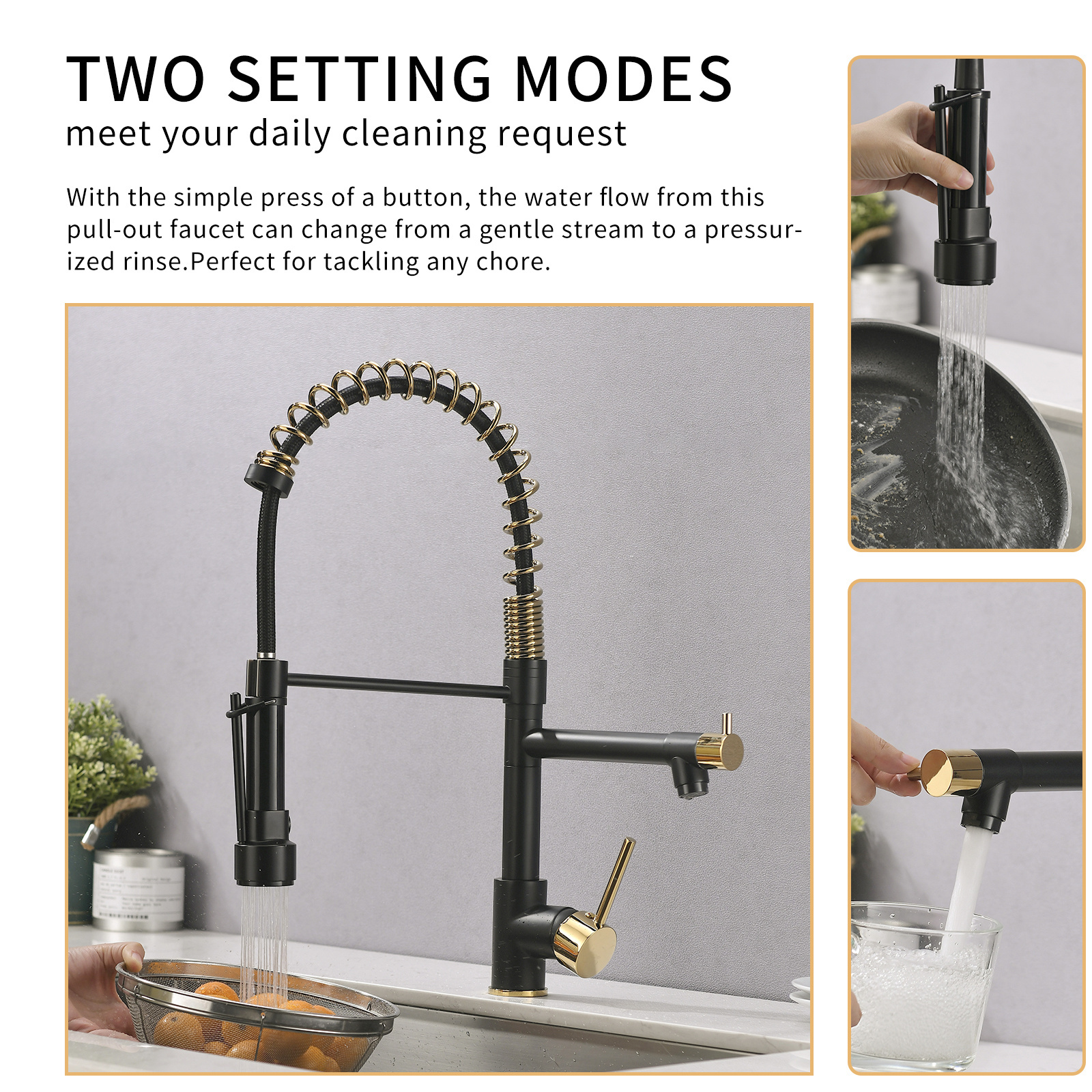 2023 Kitchen Faucet Water Tap Modern Kitchen Taps Brass Pull Down Sprayer Kitchen Mixer Sink Faucets Black and Gold Contemporary