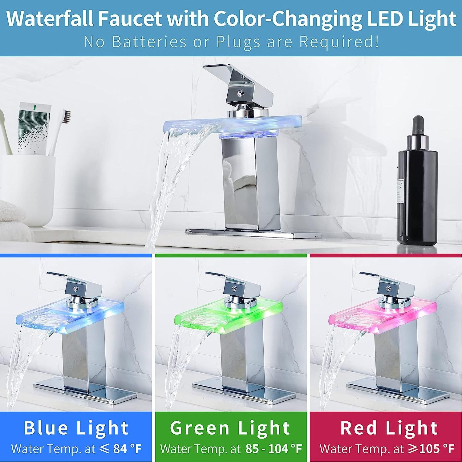 Widespread Waterfall Spout Basin Faucet Bathroom Basin Sink Faucet, Hot and Cold Temperature Control LED Light Mixer Glass Brass