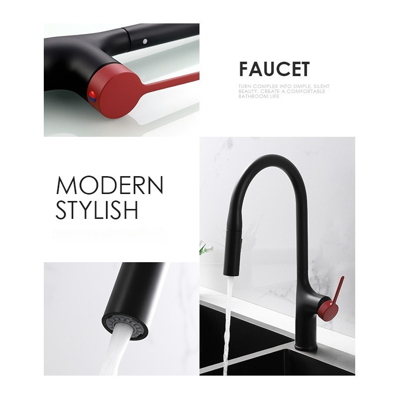 FLG Simple Design Brass Kitchen Faucet Pull Down Sprayer Rotary Water Tap Mixer Black Sink Wash Basin Desk Mounted Faucet