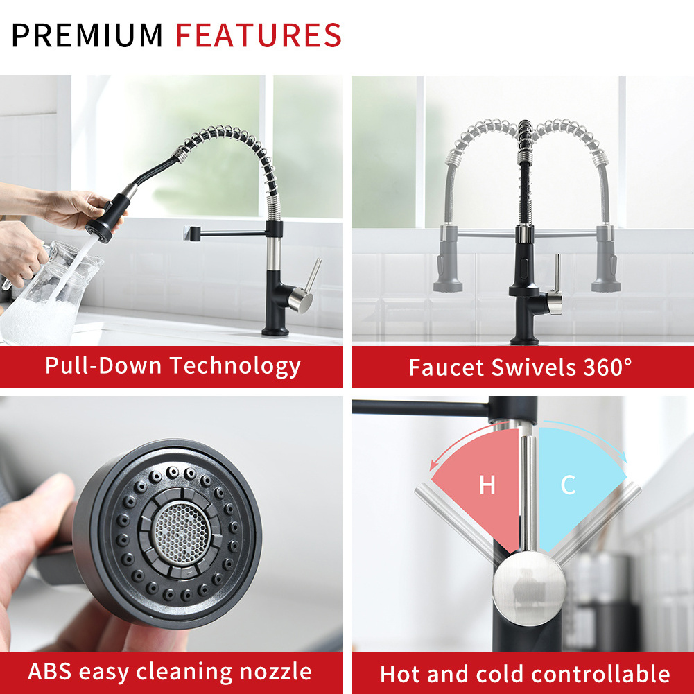 FLG:BN1135 Commercial Black and Stainless Single Handle Single Lever Pull Down Sprayer Spring Kitchen Sink Faucet