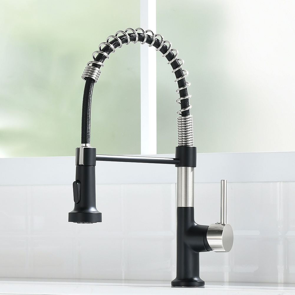 FLG:BN1135 Commercial Black and Stainless Single Handle Single Lever Pull Down Sprayer Spring Kitchen Sink Faucet