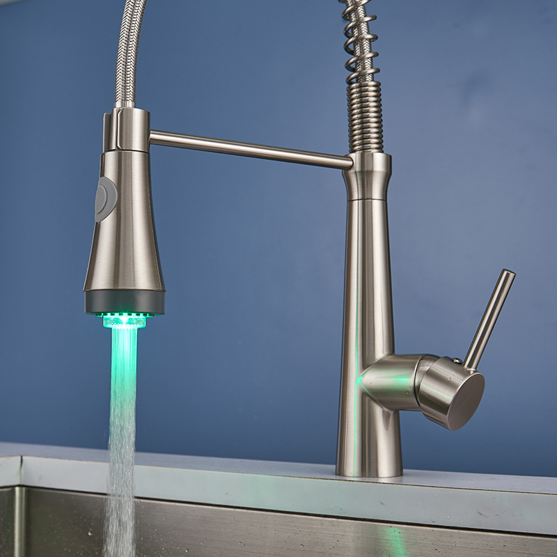 Modern brushed pull down spring sink kitchen faucet with LED light