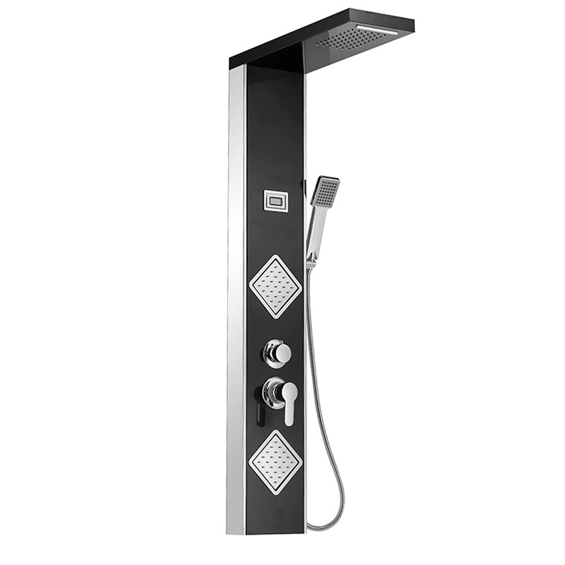 FLG black thermostatic shower panel bathroom,stainless steel rainfall shower panel with waterfall