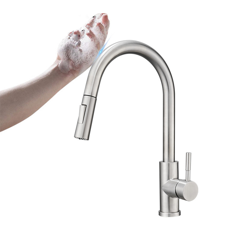 Modern Commercial Brushed Nickel Deck Mounted Touch Sensor Kitchen Sink Faucet with Pull Down