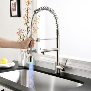 High Quality Three Way Spring Pull Down Brushed Nickel LED Kitchen Faucet with Sprayer Taps