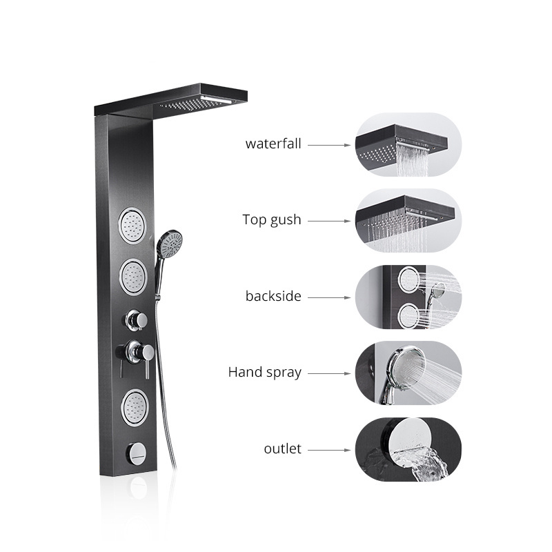 FLG wall mounted bathroom waterfall rain shower stainless steel black shower panels