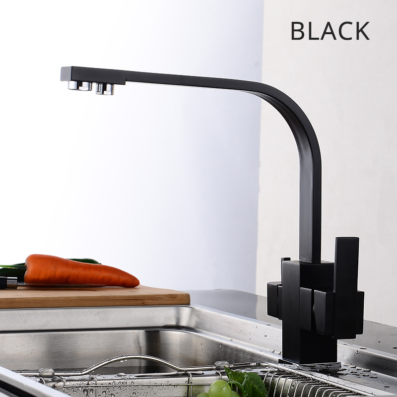 Solid Brass 3 Way Water Filter Tap Water Faucets 360 Degree Rotation Kitchen Sink Tap Water Mixer Black Square Kitchen Faucets