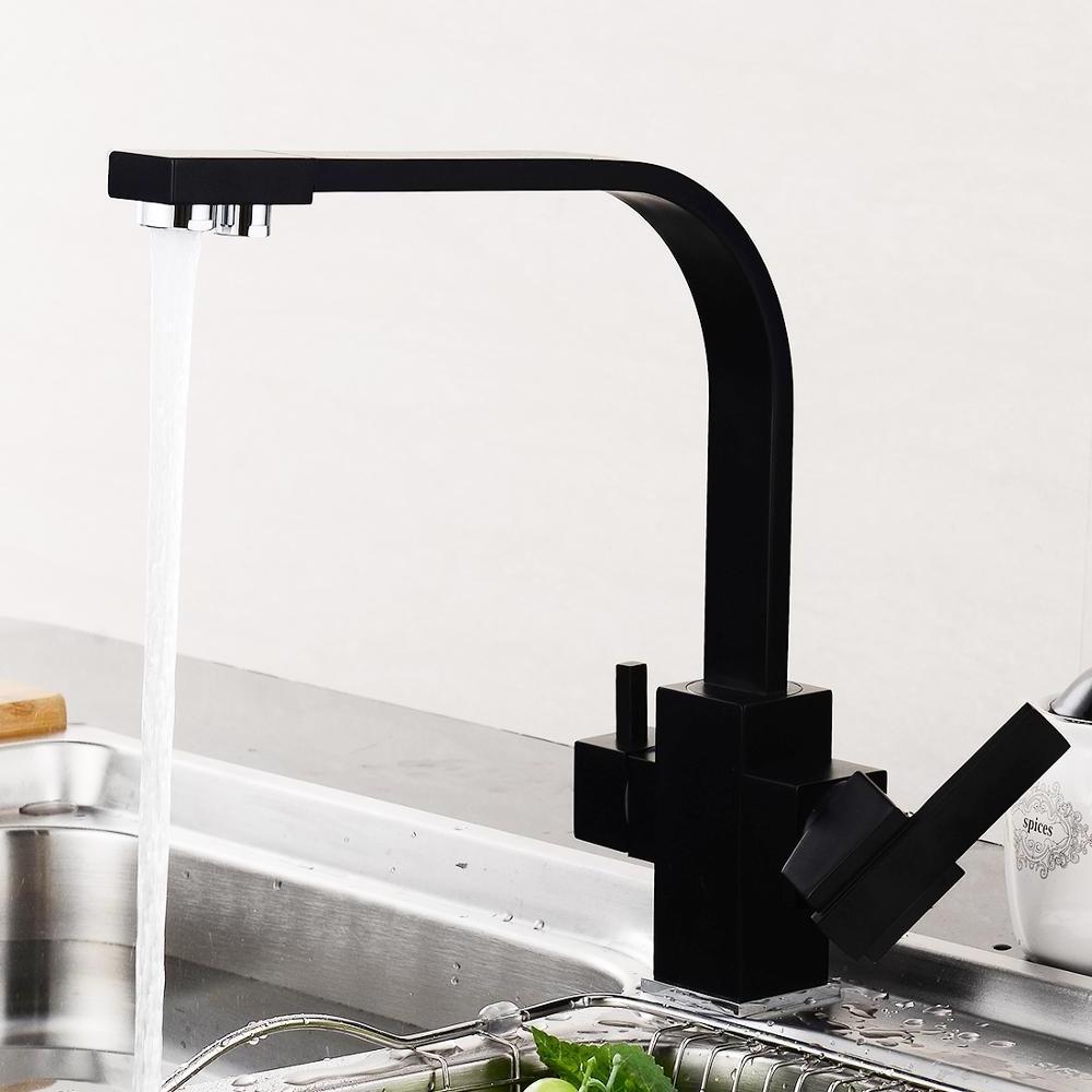 Solid Brass 3 Way Water Filter Tap Water Faucets 360 Degree Rotation Kitchen Sink Tap Water Mixer Black Square Kitchen Faucets