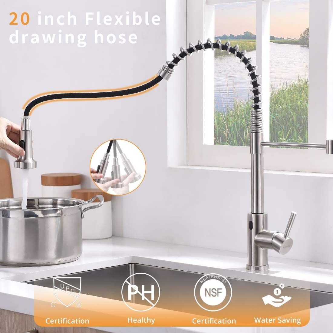 Brushed Nickel Deck Mounted Touch Pull Out Kitchen Sink Faucet with Sprayer High Quality Modern Home Decoration Brass Ceramic