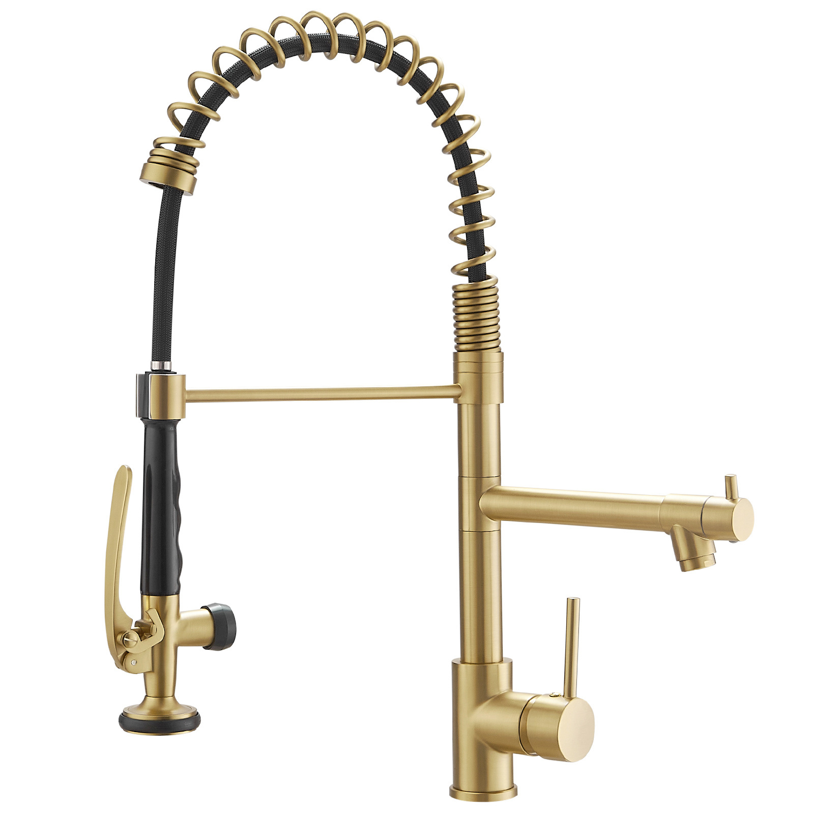 FLG Brushed Gold Kitchen Faucet Single Handle Spring Faucet with Pull Down Sprayer Water Tap Mixer Desk Mounted Brass OEM Modern