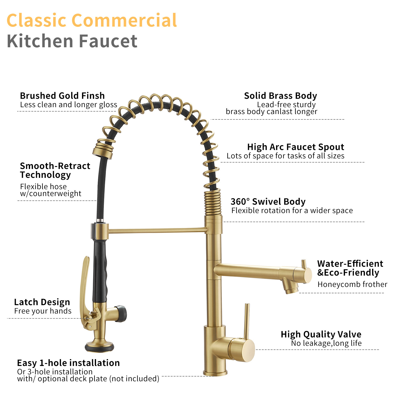 FLG Brushed Gold Kitchen Faucet Single Handle Spring Faucet with Pull Down Sprayer Water Tap Mixer Desk Mounted Brass OEM Modern