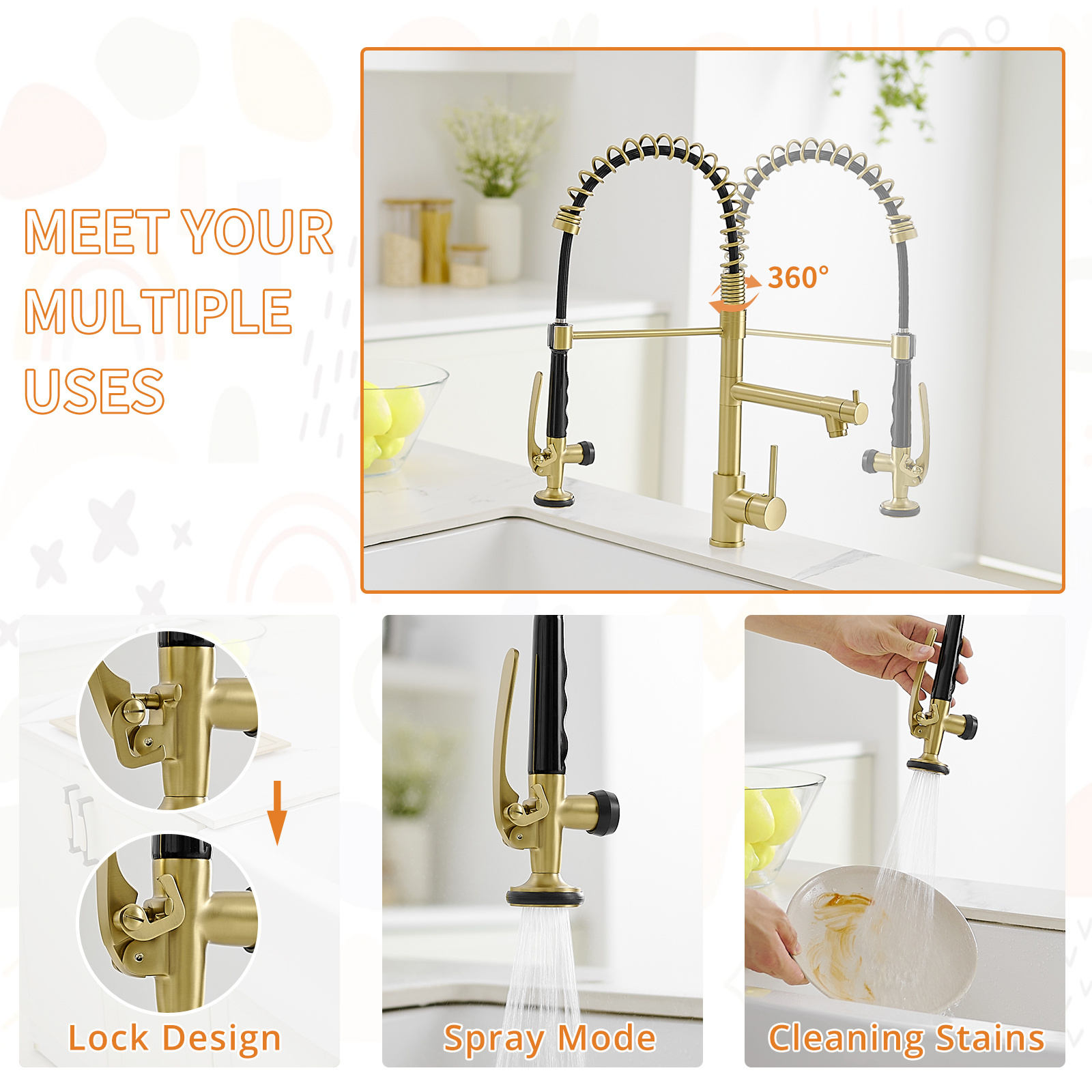 FLG Brushed Gold Kitchen Faucet Single Handle Spring Faucet with Pull Down Sprayer Water Tap Mixer Desk Mounted Brass OEM Modern