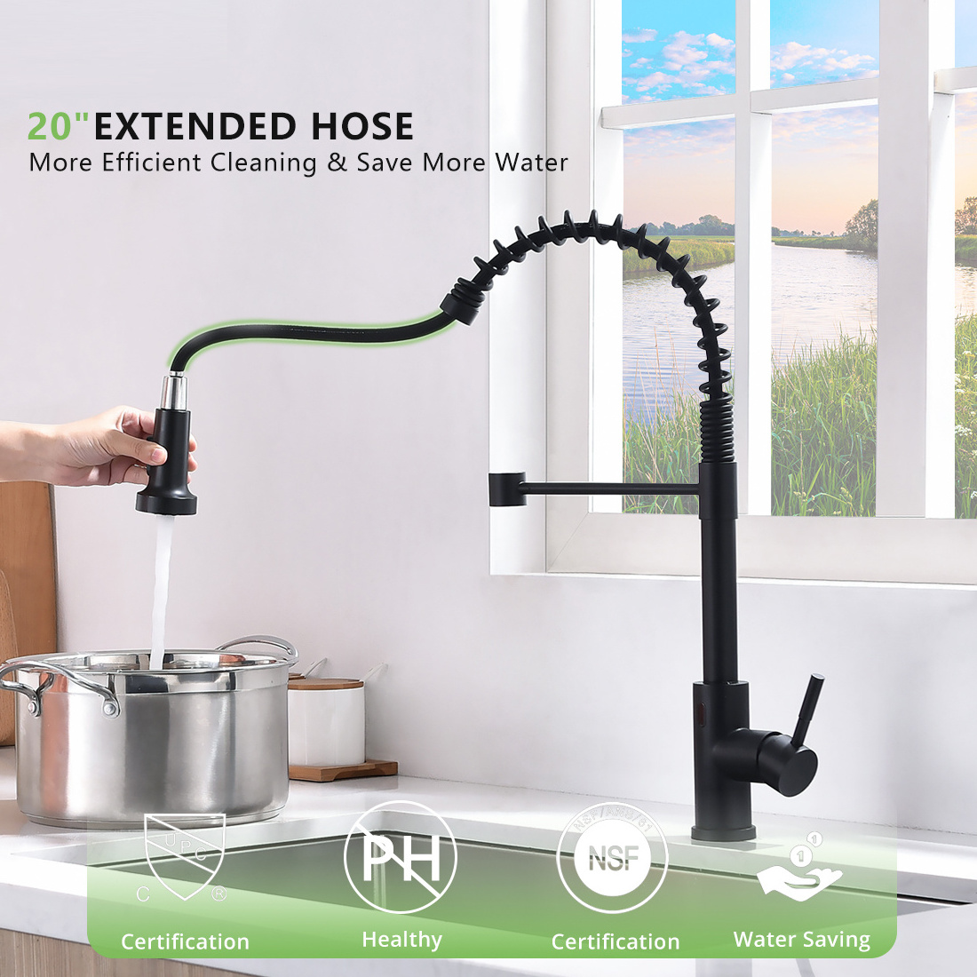 Matte Black Touchless Kitchen Faucet with Pull Down Sprayer, Motion Sensor Smart Hands-free Activated Single Handle Spring 1 Pcs