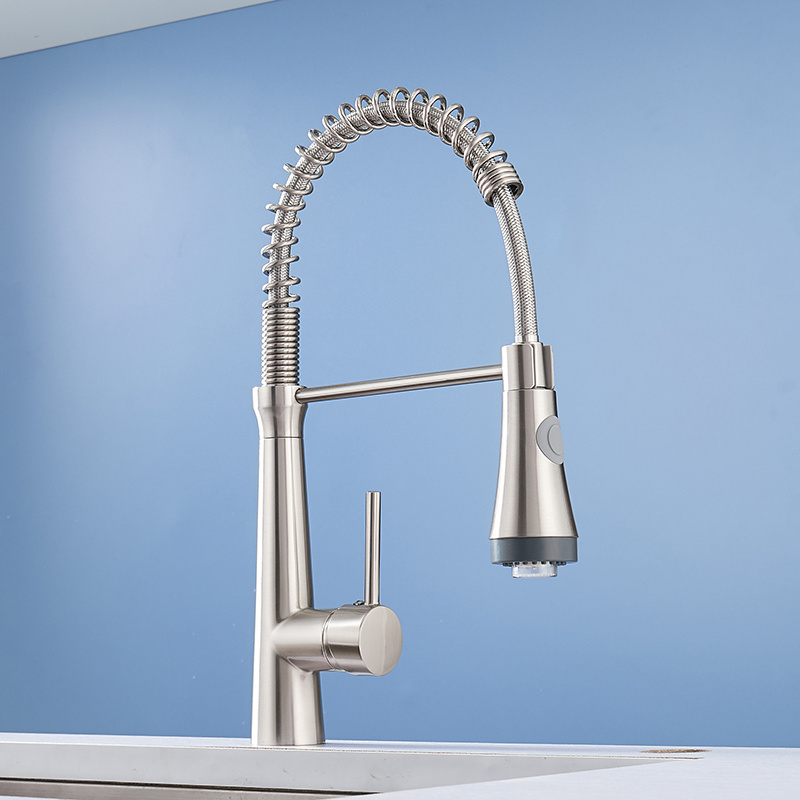 Modern brushed pull down spring sink kitchen faucet with LED light