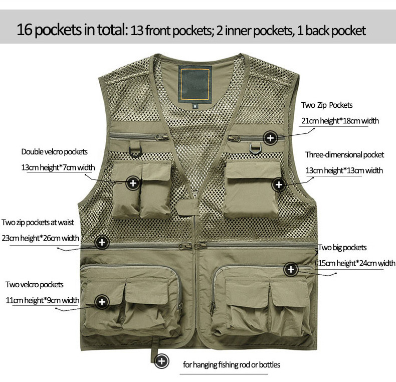 2021 Wholesale Hot Sell Spring Summer Utility Green Men Mesh Gilet Fishing Vest with Multiple Pockets