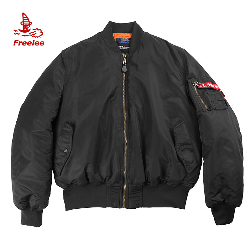 Plain black nylon waterproof quilted winter pilot flight bomber jacket