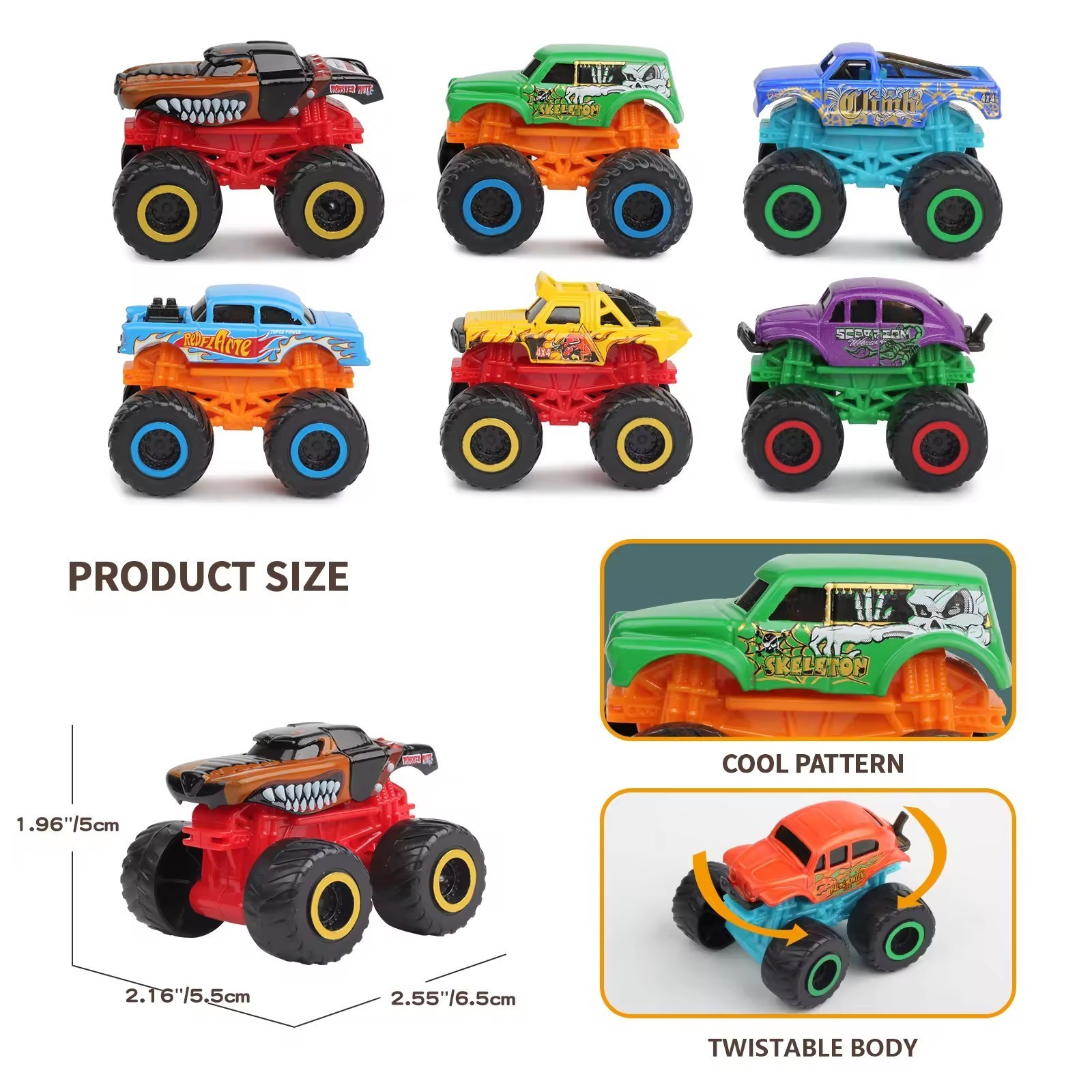 Wholesale High  Quality 3Pcs Fiction Off Road Friction Monster Truck Off Road Cars Small Mini Vehicle Monster trucks Toy Car