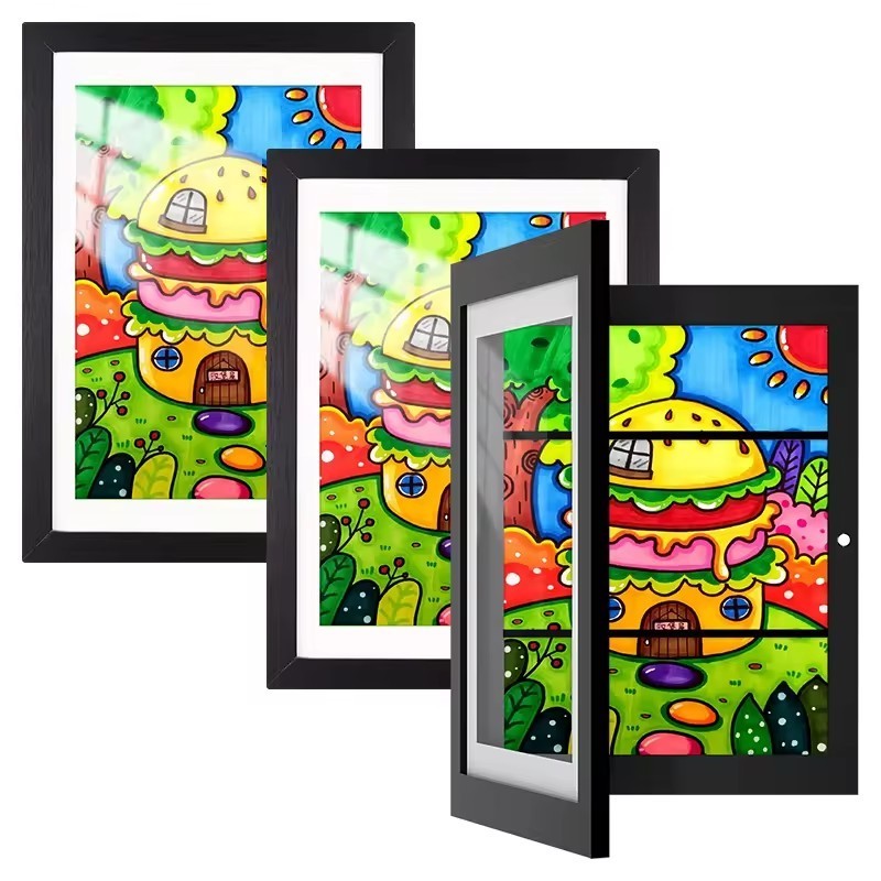 Hot Sell Artwork Picture shadow box Frame Changeable In Black Wood With Shatter Resistant Glass Kid Art Frame