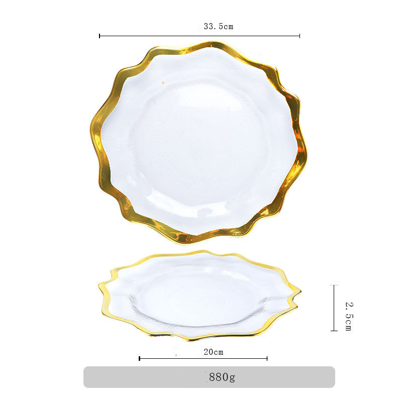 Handpainted 21Cm 27Cm 33Cm 13Inch 10.5Inch 8.5Inch Multi-Size Gold Beaded Charger Plate Glass Plates For Weddings Decoration