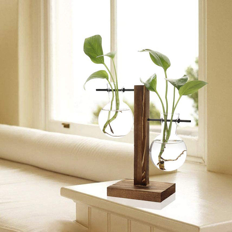 Hot sale Indoor Wooden Stand Air Planter Bulb Glass Vase For Clear Ornaments Plants Terrarium Container