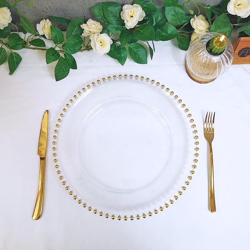 Hot Sale Wholesale 13inch Clear Decoration Rose Gold Silver Beaded Clear Plastic Charger Plate For Wedding Party