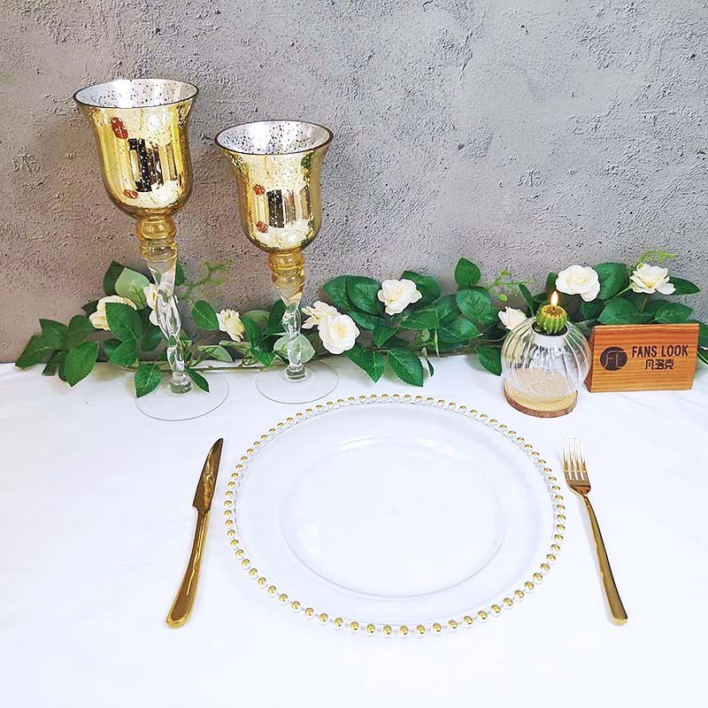 Hot Sale Wholesale 13inch Clear Decoration Rose Gold Silver Beaded Clear Plastic Charger Plate For Wedding Party